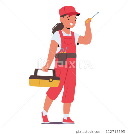 Young Girl Dons A Handyman Costume, Complete With A Toolbox and Screwdriver In Hand. Child Choose Future Profession Young Girl Dons A Handyman Costume, Complete With A Toolbox and Screwdriver In Hand. Child Choose Future Profession 112712595