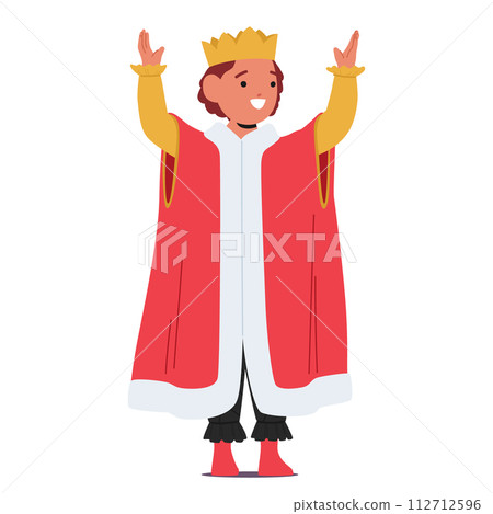 Little Boy Character Dons A Regal King Costume, Complete With Red Velvet Cape And Golden Crown, Radiating Majesty 112712596