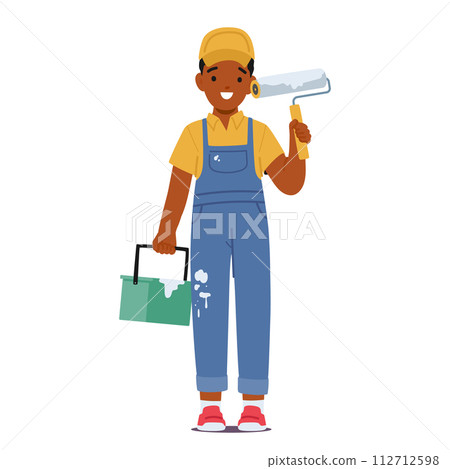 Child Boy In Character Worker Overalls Holds A Wallpaper Roller, Eyes Bright With Ambition, Embodying The Dream 112712598
