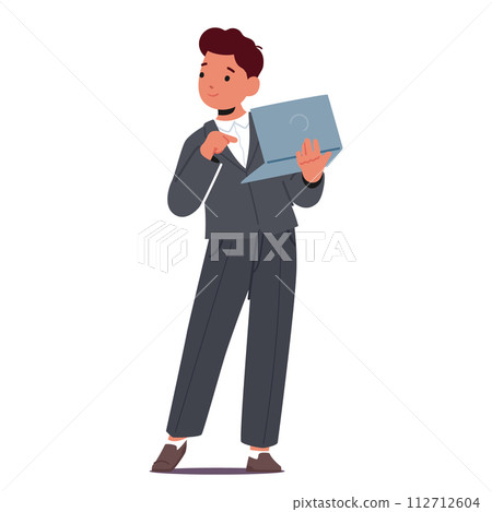 Kid Future Profession Concept. Boy Businessman Holding Laptop. Little Child Character In Formal Suit Managing Business Kid Future Profession Concept. Boy Businessman Holding Laptop. Little Child Character In Formal Suit Managing Business 112712604