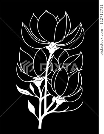 Simple white graphic drawing of magnoli flower against black background, logo, tattoo 112712731