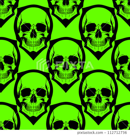 seamless symmetrical pattern of black human skulls on a green background, texture, design seamless symmetrical pattern of black human skulls on a green background, texture, design 112712736