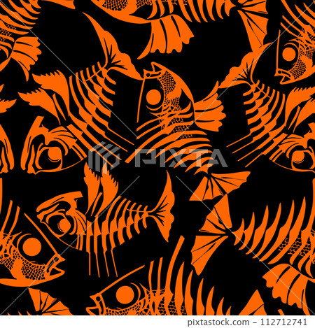 seamless pattern of orange graphic fish skeletons on a black background, texture, design seamless pattern of orange graphic fish skeletons on a black background, texture, design 112712741