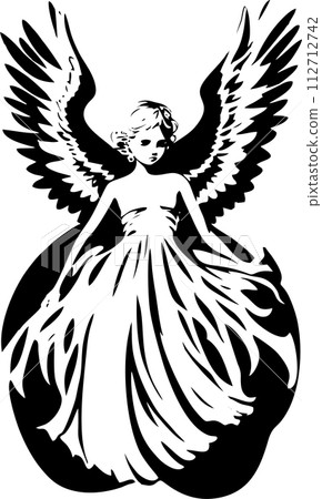 simple black graphic drawing of woman silhouette with wings, logo, tattoo 112712742