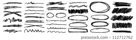 Charcoal scribble stripes and bold strikethroughs. Hand drawn rough doodle scratches in crayon or marker. Vector horizontal waves, marker sketch style squiggles. 112712762