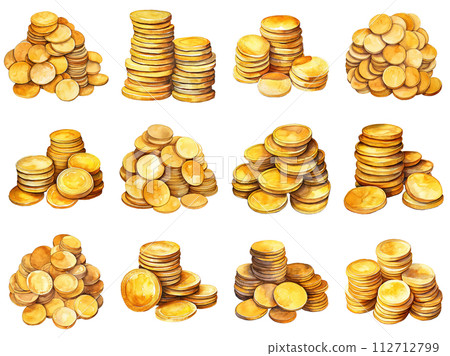 Shimmering Stacks of Gold Coins 112712799
