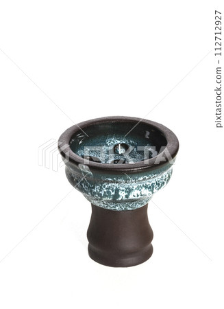 Brown and blue ceramic clay hookah bowl isolated on white background. Brown and blue ceramic clay hookah bowl isolated on white background. 112712927