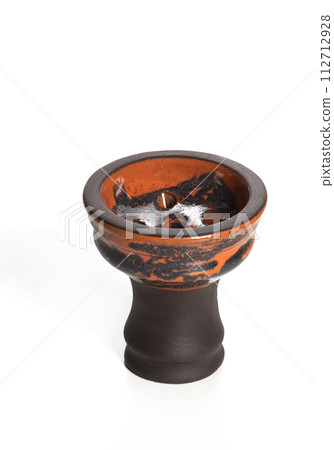 Brown orange ceramic clay hookah bowl isolated on white background. Brown orange ceramic clay hookah bowl isolated on white background. 112712928