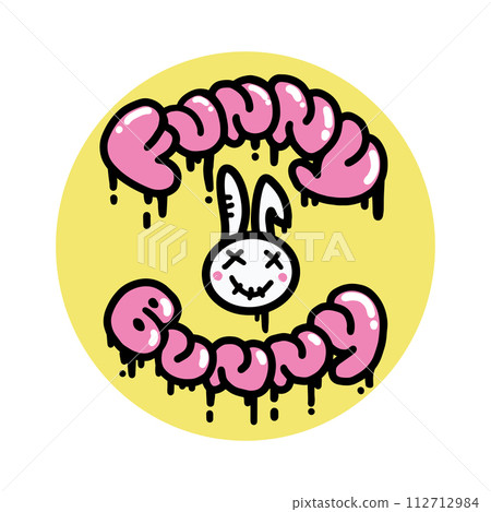 Graffiti Slogan Funny Bunny Doll with White Rabbit in street art style. Pink Urban style Lettering. Vector illustration. Hippie Sticker for T-Shirts, Wallpaper, Case Phone. 112712984