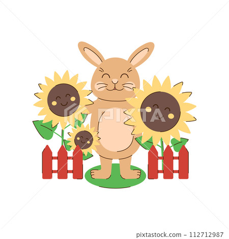 Rabbit standing with sunflowers. Summer character and flowers. Cute beige bunny. Seasonal vector illustration in flat style Rabbit standing with sunflowers. Summer character and flowers. Cute beige bunny. Seasonal vector illustration in flat style 112712987