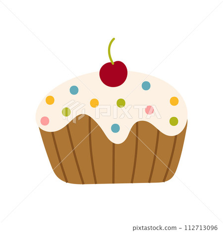 Cute boho cupcake with cherry. Sweet dessert for kids cards, baby shower, invitation, poster. Vector stock illustration in childish style 112713096