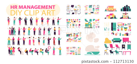 HR Management set. Corporate scenes and assets for workplace optimization. Employee engagement, recruitment strategy, teamwork development. DIY clipart constructor. Vector illustration. 112713130