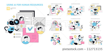 AI for HR set. Efficient candidate engagement and resume filtering. Seamless onboarding with intelligent training tools. Data-driven employee retention strategies. Vector illustration. AI for HR set. Efficient candidate engagement and resume filtering. Seamless onboarding with intelligent training tools. Data-driven employee retention strategies. Vector illustration. 112713135