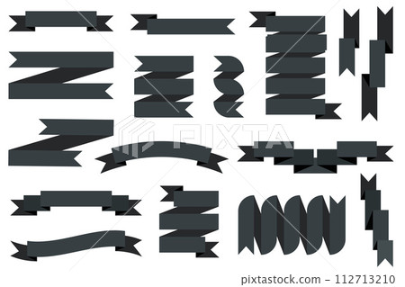 Black ribbon banners icon set. Classic vintage ribbon banners. Black silhouette icons vector set. Hand drawn black ribbons. 112713210