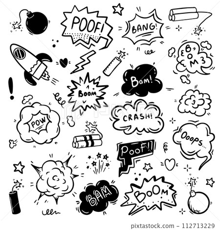 Comic cartoon line bomb explosion. Hand drawn cartoon explosion bomb effect, splash, exclamation smoke element. Explosion speech bubble with pow, boom, omg text. Comic cartoon line bomb explosion. Hand drawn cartoon explosion bomb effect, splash, exclamation smoke element. Explosion speech bubble with pow, boom, omg text. 112713229