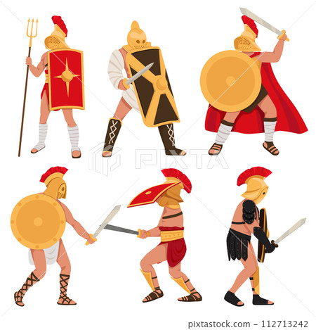 Gladiator characters. People in armor. Warriors with different weapons. Sparta coliseum fight character, ancient roman army characters Gladiator characters. People in armor. Warriors with different weapons. Sparta coliseum fight character, ancient roman army characters 112713242