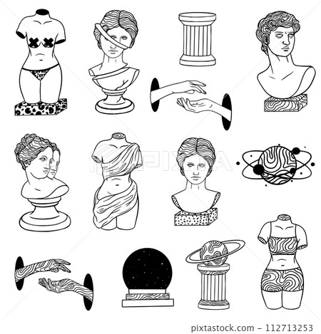 Abstract greek ancient sculpture and surreal geometric shapes. Set of stickers, pins, patches in trendy psychedelic weird cartoon style. modern statues and cosmic space elements 112713253