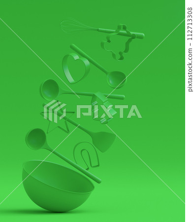 Set of metal cookie cutters for homemade Christmas biscuit on green monochrome 112713308