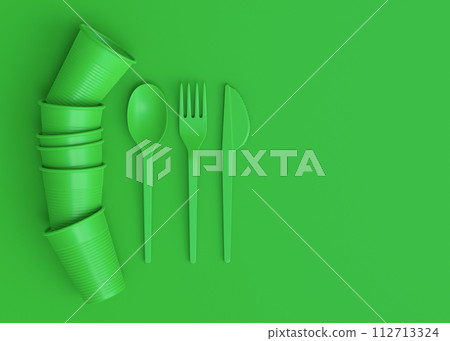 Set of disposable utensils like plate, folk, spoon,knife, cup and pepper mill 112713324