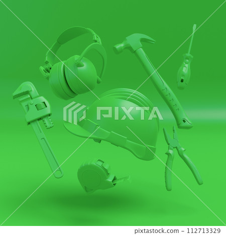 Flying view of monochrome construction tools for repair on multicolor background 112713329