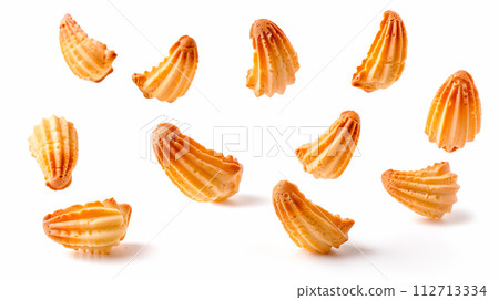 Classic French madeleine cookies, buttery and delicate, mini sponge cake baked in scallop mold Classic French madeleine cookies, buttery and delicate, mini sponge cake baked in scallop mold 112713334