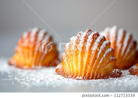 Classic French madeleine cookies, buttery and delicate, mini sponge cake baked in scallop mold Classic French madeleine cookies, buttery and delicate, mini sponge cake baked in scallop mold 112713339