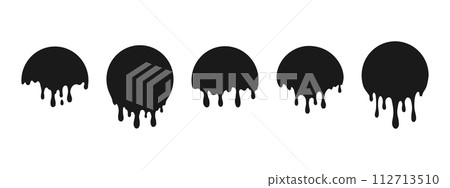 A dripping circular liquid. Graffiti ink drips for stickers. Splashing circle of cream, dripping black paint . Icons of current melted chocolate, milk. Vector illustrations. A dripping circular liquid. Graffiti ink drips for stickers. Splashing circle of cream, dripping black paint . Icons of current melted chocolate, milk. Vector illustrations. 112713510