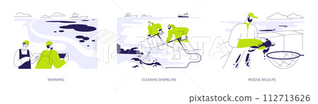 Oil spill cleanup abstract concept vector illustrations. Oil spill cleanup abstract concept vector illustrations. 112713626
