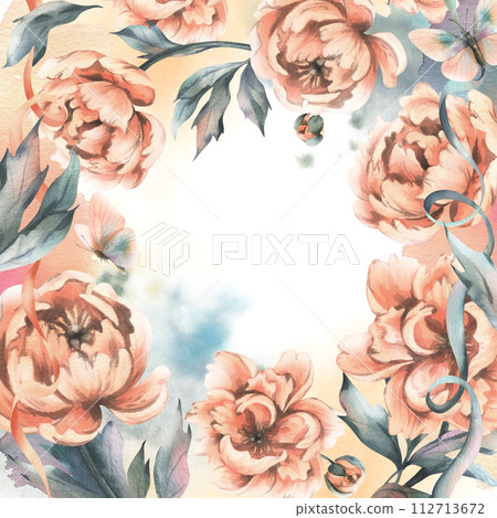 Beautiful peonies in peach fuzz color with leaves, buds and flying butterflies. Hand drawn watercolor illustration. Frame, square template, empty for text, isolated from the background. 112713672