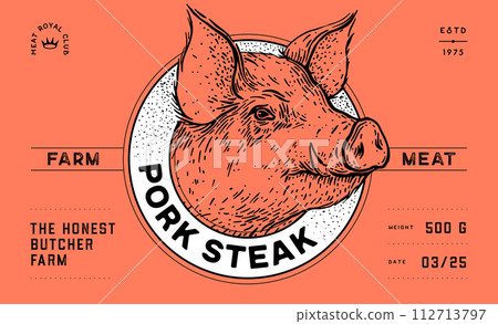 Pork, pig, hog head, meat tag label Pork, pig, hog head, meat tag label 112713797