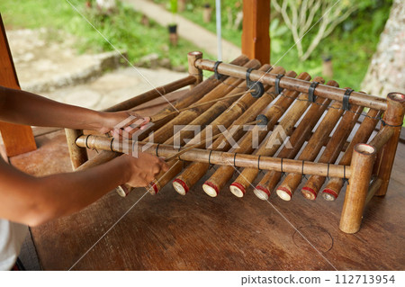 The traditional musical instrument gamelan is made of bamboo on the popular tourist island of Bali. 112713954