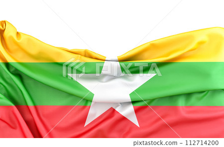 Flag of Myanmar (Burma) isolated on white background with copy space above. 3D rendering 112714200