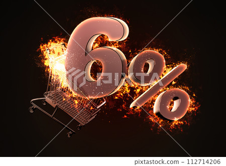 Burning shopping cart and red Six percent discount sign. 3D illustration Burning shopping cart and red Six percent discount sign. 3D illustration 112714206