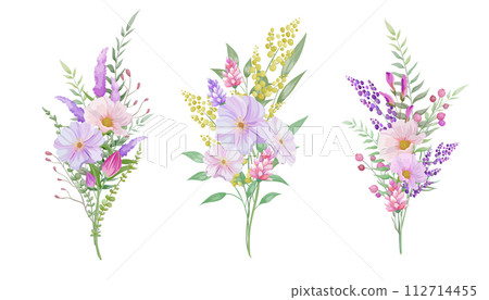 Vector illustration of pastel colored bouquet. pink, purple, yellow 112714455