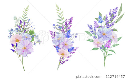 Vector illustration of pastel colored bouquet. blue, purple, yellow Vector illustration of pastel colored bouquet. blue, purple, yellow 112714457
