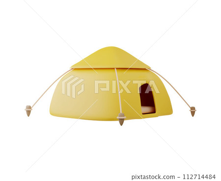 Tourist camping tent, campsite equipment 3D style, vector cartoon yellow tent for nature traveling and hiking activities Tourist camping tent, campsite equipment 3D style, vector cartoon yellow tent for nature traveling and hiking activities 112714484
