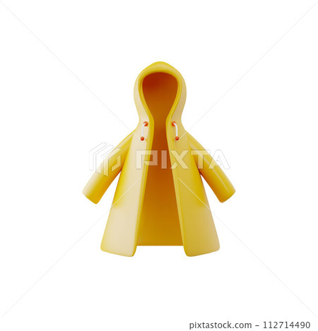 Yellow rain coat clothing with hood 3D style vector icon, render cartoon coat protects from rain, camping outerwear Yellow rain coat clothing with hood 3D style vector icon, render cartoon coat protects from rain, camping outerwear 112714490