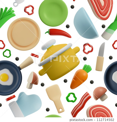 Seamless pattern with kitchenware and cookware 3D vector, cartoon kitchen utensils, frying pan with egg, bacon vegetable 112714502