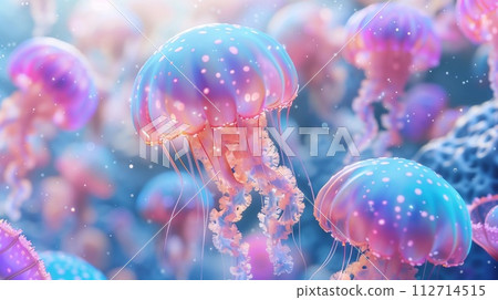Colorful Jellyfish underwater. Jellyfish moving in water. 112714515