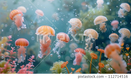 Colorful Jellyfish underwater. Jellyfish moving in water. 112714516