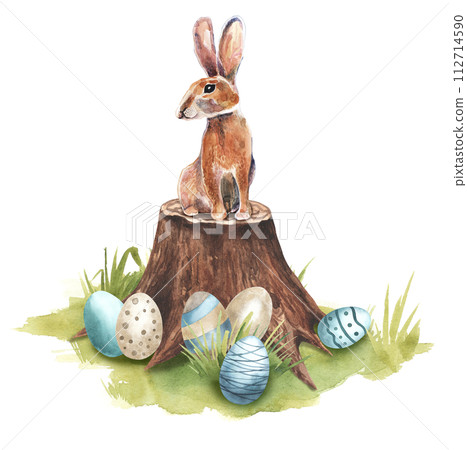Bunny on the tree stump. Hand drawn illustration. Cute bunny sitting on the tree stump, in green grass, forest. woodland scene. White background. Easter eggs at the bottom 112714590