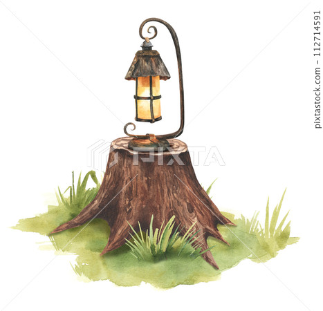 Watercolor vintage oil kerosene lantern on wooden stump illustration. Mountain equipment for recreation tourism and adventure isolated on white background. Clip art for autumn and winter woodland Watercolor vintage oil kerosene lantern on wooden stump illustration. Mountain equipment for recreation tourism and adventure isolated on white background. Clip art for autumn and winter woodland 112714591
