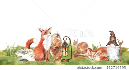 Cartoon woodland animals in summer grass, meadow grass. Character fox, gnome, rabbit in floral repeating border. Watercolor forest wildlife natural seamless frame childish design. Natural hand drawn 112714595