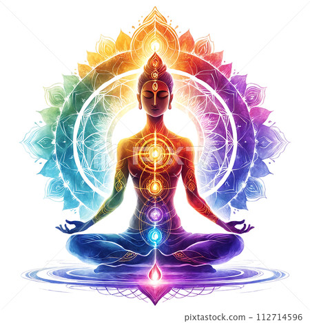 Woman sitting in lotus position with seven chakras 112714596