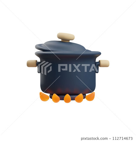 Pan with tilted lid on fire, cooking 3D style, vector illustration 112714673
