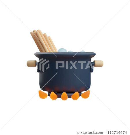 3D Vector illustration of a boiling black pan with spaghetti. 112714674