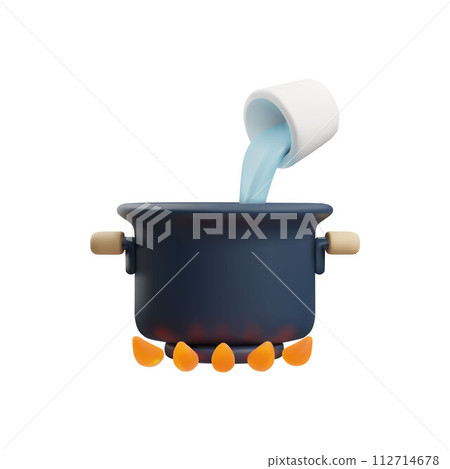Metal pan with handles on stove with flame, vector 3D soup pot boiling water pours from a mug, cooking food, kitchenware 112714678