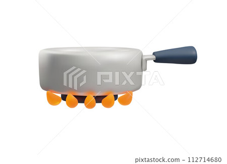 Illustration of a 3D vector icon with an image of a frying pan on fire. 112714680