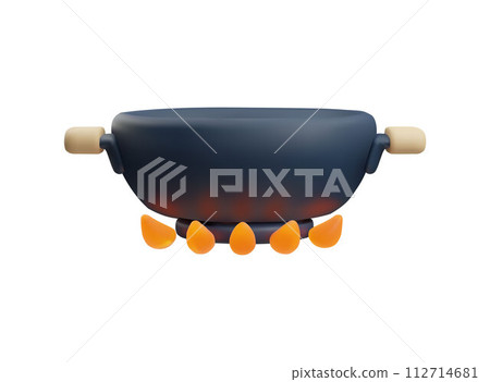 A black saucepan with wooden handles on a lit gas stove. 112714681