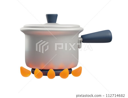 3D vector cooking scene with pan and flame on isolated background. 112714682
